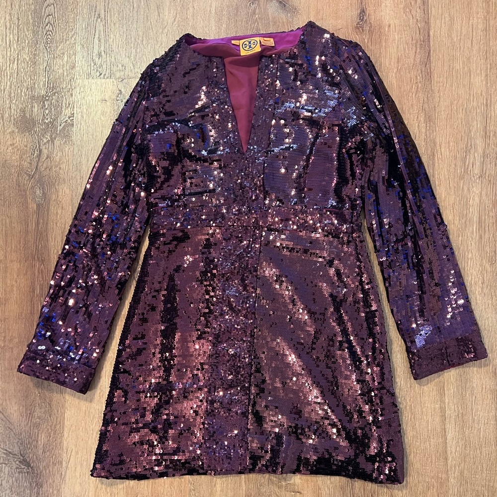 Tory Burch Aurelia Cranberry Red Sequin‎ Long Sleeve V Neck Silk Mini Dress Sz 6